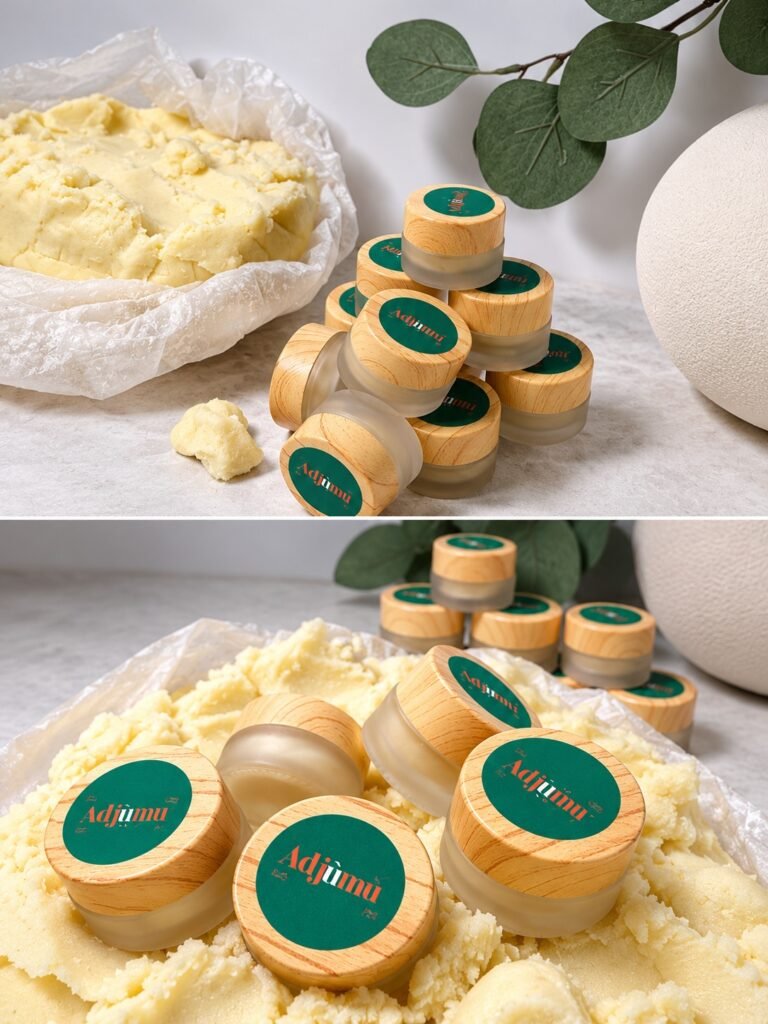 Adjumu raw unrefined shea butter lip balm jars with green labels on raw shea butter
